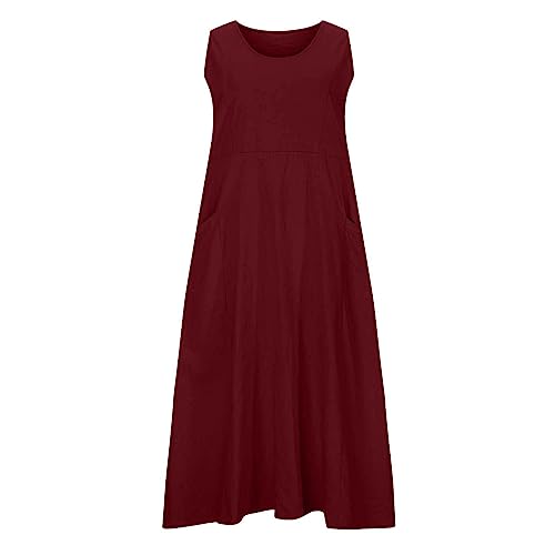 Fasheepfa Italienisches Damenkleid, Leinen, solides Maxikleid, Bohemian-Stil, ärmellos, Strand, Swing, Sommerkleid, lässiges langes Kleid (Wein, XL) von Fasheepfa