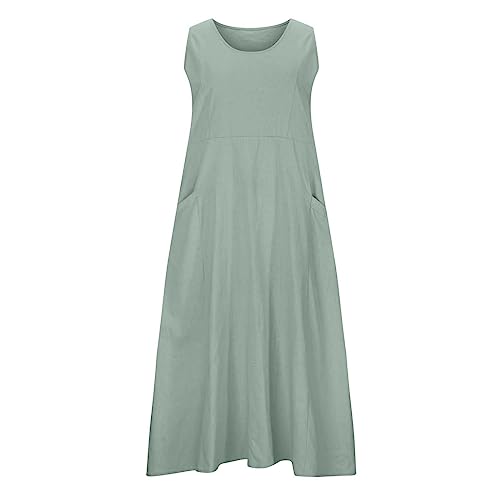 Fasheepfa Italienisches Damenkleid, Leinen, solides Maxikleid, Bohemian-Stil, ärmellos, Strand, Swing, Sommerkleid, lässiges langes Kleid (grün, L) von Fasheepfa