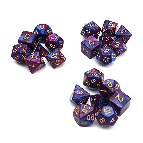 Fasizi Polyedrisches Würfel-Set, 3 Sets, 3 x 7 (21 Stück), D20, D12, D10, D8, D6, D4, DND-Würfel, DND, RPG, MTG, Doppelfarben, einteilig (lila und blau) von Fasizi