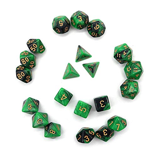 Fasizi Polyedrisches Würfel-Set, Tischspiele, Würfel, 3 Sets mit 3 x 7 (21 Stück), die Serie D20, D12, D10, D8, D6, D4, DND-Würfel, DND, RPG, MTG, Doppelfarben, einteilig (schwarz und grün) von Fasizi