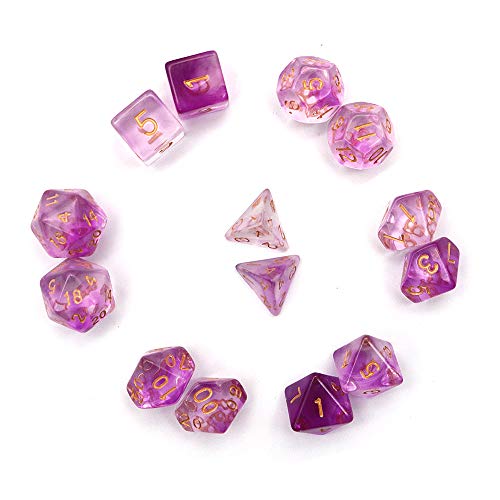 Fasizi Transparentes polyedrisches Würfel-Set, Tischspiele, Würfel, 2 x 7 (14 Stück), die Serie D20, D12, D10, D8, D6, D4, DND-Würfel, DND, RPG, MTG, doppelfarbig, einteilig (lila) von Fasizi