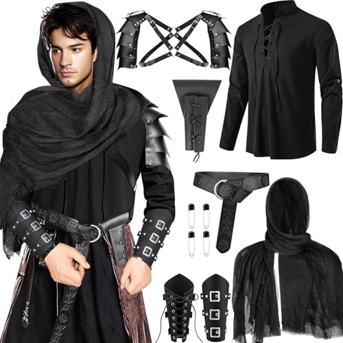 Fasouna 7-teiliges Renaissance-Kostüm-Set für Herren, mittelalterliches Piratenhemd, Wikinger-Schal, Gürtel, Schulterpanzer, Schwert, Tasche für Halloween, Cosplay von Fasouna