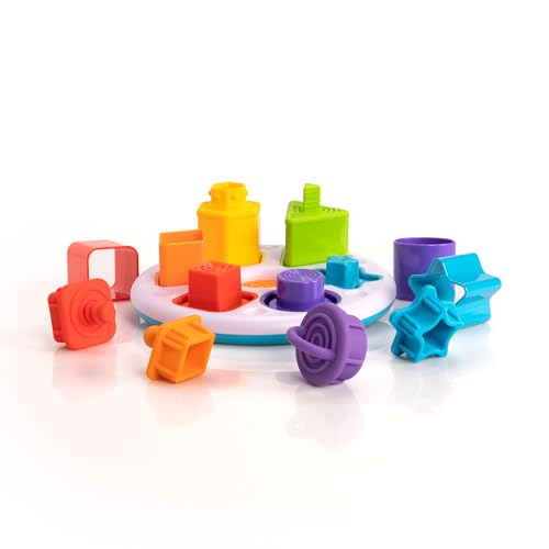 Fat Brain Toys Plugzy Shape Sorter - Taktiles Baby-Sinnesspielzeug für +10 Monate - Inklusive Basis mit 6 3D-Formen, 6 Hohlformen, 6 Silikonstopfen - Kreatives Lernspielzeug für Babys und Kleinkinder von Fat Brain Toys