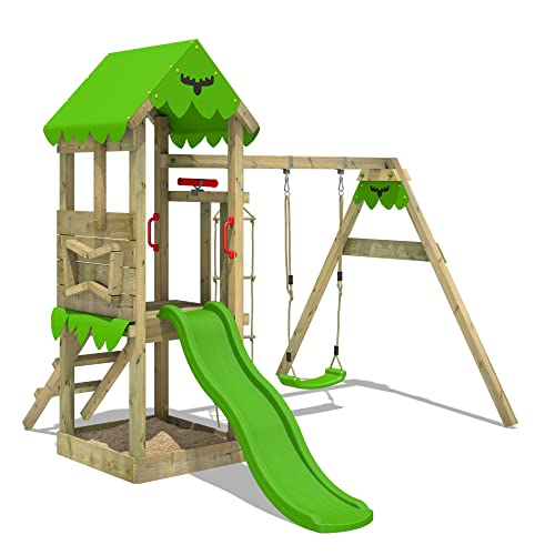 FATMOOSE Spielturm Klettergerüst FriendlyFrenzy Fun XXL mit Schaukel & apfelgrüner Rutsche, Outdoor Kinder Kletterturm mit Sandkasten, Leiter für den Garten von Fatmoose