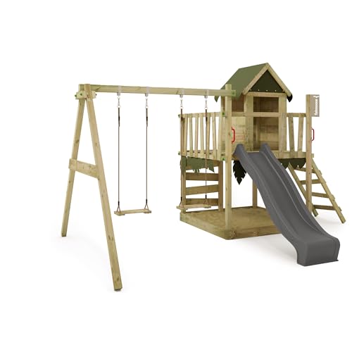 FATMOOSE Spielturm Klettergerüst JazzyJungle Jam XXL mit Schaukel & Rutsche, Outdoor Kinder Kletterturm mit Sandkasten Leiter & Spiel-Zubehör für den Garten (Anthrazit) von Fatmoose