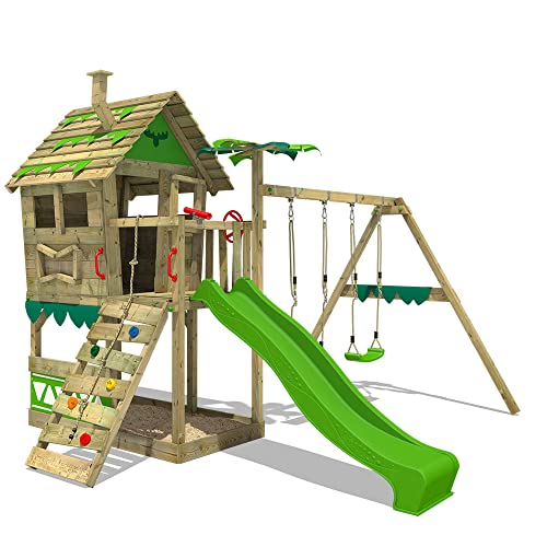 Fatmoose Spielturm Klettergerüst JungleJumbo Joy mit Schaukel & apfelgrüner Rutsche, Outdoor Kinder Kletterturm mit Sandkasten Leiter & Spiel-Zubehör für den Garten von Fatmoose