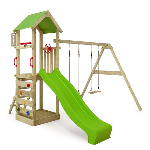 FATMOOSE Spielturm Klettergerüst KiwiKey Kick XXL mit Schaukel & Rutsche, Outdoor Kinder Kletterturm mit Sandkasten, Leiter & Spiel-Zubehör für den Garten (Apfelgrün) von Fatmoose