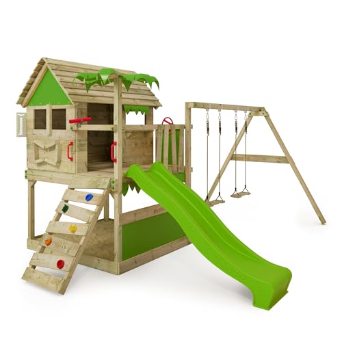 FATMOOSE Spielturm Klettergerüst TikaTaka Town XXL mit Schaukel & Rutsche, Outdoor Kinder Kletterturm mit Sandkasten Leiter & Spiel-Zubehör für den Garten (apfelgrün) von Fatmoose