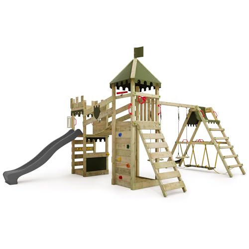 FATMOOSE Spielturm Ritterburg RiverRun Royal mit SurfSwing, Schaukel & Rutsche, Outdoor Kinder Kletterturm mit Sandkasten Leiter & Spiel-Zubehör für den Garten (anthrazit) von Fatmoose