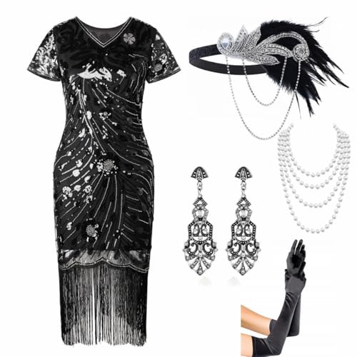 Fatycosme 1920er Jahre Flapper Kleid Kurzarm Pailletten Kleid V-Ausschnitt Spitze Fransen Kleid Kostüm mit brüllenden 20er Jahren Zubehör, Schwarz, S Fatycosme 1920er Jahre Flapper Kleid Kurzarm Pailletten Kleid V-Ausschnitt Spitze Fransen Kleid Kostüm mit brüllenden 20er Jahren Zubehör, Schwarz, S von Fatycosme