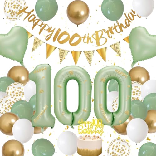 100 Geburtstag Deko Mann, Grün Weiß Gold Dekorationen Set 100th Ballons Happy Birthday Banner Girlande Konfetti Luftballon 100. Frauen Männer 100 Geburtstag Party Deko Supplies von Fawncierge