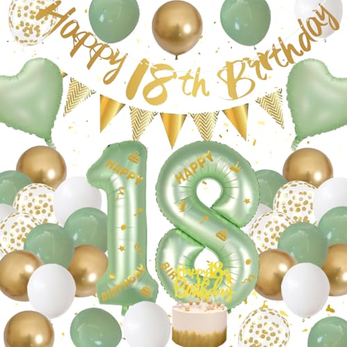 18. Geburtstag Mädchen Deko - Grün Weiß Gold Dekorationen Mit Happy Birthday Banner, Girlande, Konfetti, Luftballons - Party Supplies für Frauen, Mädchen, Jungen 18. Geburtstag Mädchen Deko - Grün Weiß Gold Dekorationen Mit Happy Birthday Banner, Girlande, Konfetti, Luftballons - Party Supplies für Frauen, Mädchen, Jungen von Fawncierge