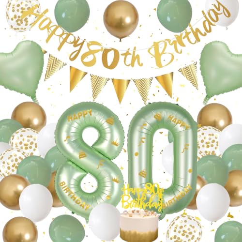80 Geburtstag Deko Mann, Grün Weiß Gold Dekorationen Set 80th Ballons Happy Birthday Banner Girlande Konfetti Luftballon 80. Frauen Männer 80 Geburtstag Party Deko Supplies von Fawncierge