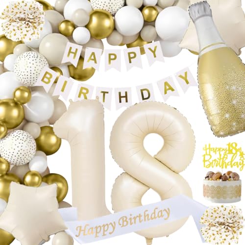 18. Geburtstag Mädchen Deko, Beige Weiß Gold Dekorationen 18 Geburtstag Ballons Happy Birthday Banner Girlande Konfetti Luftballon Mädchen Junge 18 Party Deko Supplies von Fawncierge
