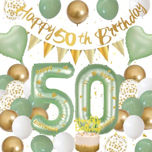 50. Geburtstag Deko Set für Mann - Grün Weiß Gold Dekorationen Mit Ballons, Happy Birthday Banner, Girlande, Konfetti Luftballon - Party Supplies für Frauen und Männer von Fawncierge