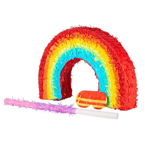 Fax Potato Rainbow Pinata, Stick & Blindfold Set - 3pc - Pink Stick - Fill Your Own Kids Large Party Accessory Decoration - W53cm x D9cm x H36cm von Fax Potato