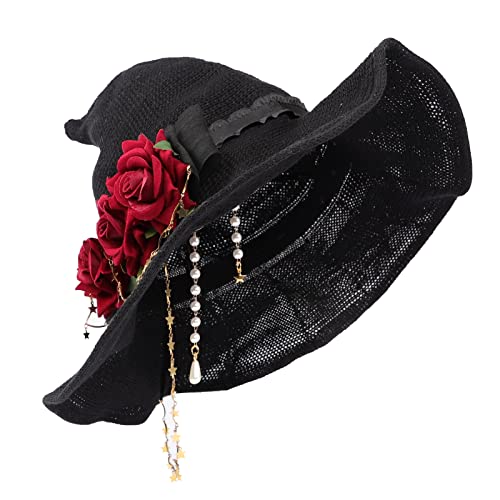 Faxianther Damen Hexenhut mit Rosen, Kette und Perlenkette Breite krempe Blume Hexenhüte Halloween Witch Hut Strickmütze Zauberermütze Hexen Kostüm Accessoire Hexenkappen Hexenkostüm von Faxianther