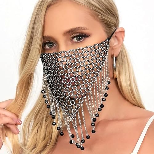 Faxianther Glänzender Kristall Netzmaske Schwarz Maskerade Halloween Genie Kostüm Gesichtsmasken Glitter Dekoration Maske Schmuck für Frauen und Mädchen (Schwarz) von Faxianther