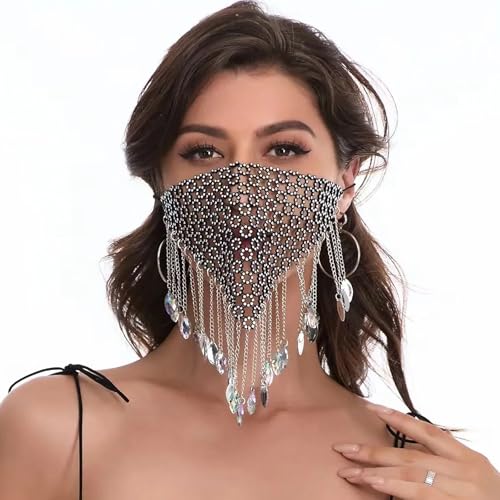 Faxianther Glänzender Kristall Netzmaske Schwarz Maskerade Halloween Genie Kostüm Gesichtsmasken Glitter Dekoration Maske Schmuck für Frauen und Mädchen (Weiß) von Faxianther