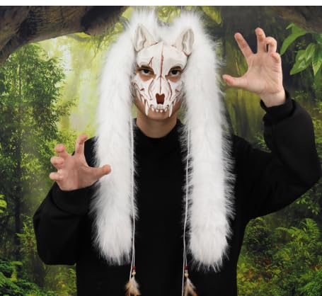 Faxianther Wolfskopf-Maske mit Kunstfell, Halloween-Kostüm, Grau-Weiß, mit langen Ohren (Schwarz) von Faxianther