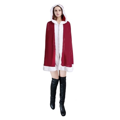 Weihnachts-Umhang mit Kapuze, Rot mit weißem Fellbesatz, Rot Samt Weihnachtsmantel, Weihnachtsfrau Mantel Rotes Cape Fasching Umhang Weihnachtsmann-Kostüm für Weihnachten Kostüm Party (S-80cm) von Faxianther