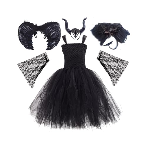 Halloween Tüllrock Tütü Set Puffiges Kleid Spitzenärmel Kopfbedeckung Flügel Federschal Petticoat Damen Fasching Cosplay Kostüm Kurz von Fayeeda