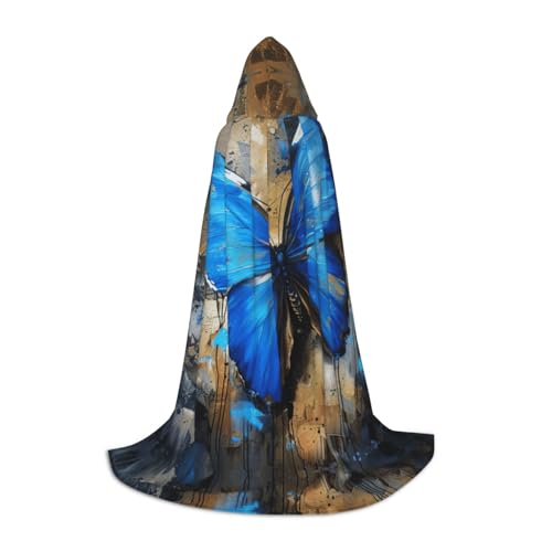 Fbghhty Blauer Schmetterlings-Druck, Unisex, Kapuzenumhang, Halloween, Cosplay, Karneval, bequemer Umhang für Teenager-Partys von Fbghhty