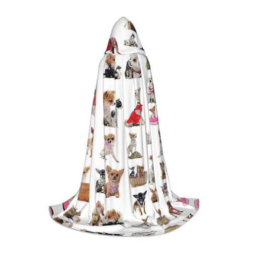 Fbghhty Niedlicher Chihuahua-Mops-Muster, Unisex, Kapuzenumhang, Halloween, Cosplay, Karneval, bequemer Umhang für Teenager-Partys von Fbghhty