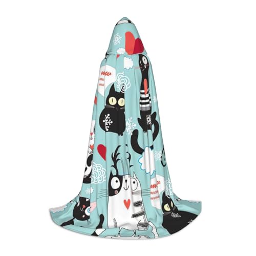 Fbghhty Schwarzer und weißer Katzen-Aufdruck, Unisex, Kapuzenumhang, Halloween, Cosplay, Karneval, bequemer Umhang für Teenager-Partys von Fbghhty