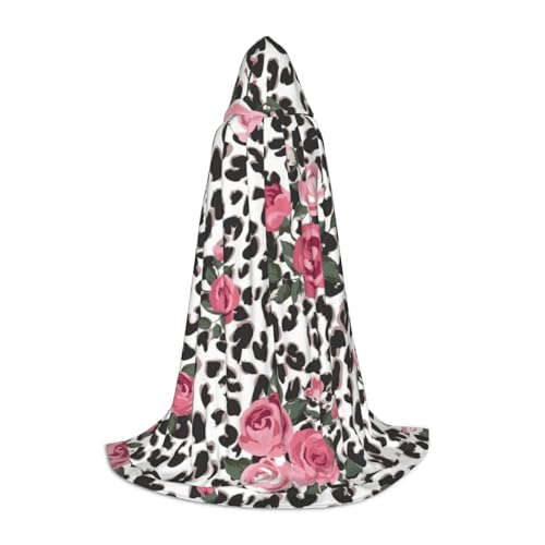 Fbghhty Süßer rosa Rosen-Mix Leopardenmuster Druck Unisex Kapuzenumhang Halloween Cosplay Karneval bequemer Umhang für Teenager Partys von Fbghhty