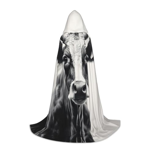 Fbghhty Umhang mit Kuh in Schwarz-Weiß-Druck, Unisex, mit Kapuze, Halloween, Cosplay, Karneval, bequemer Umhang für Teenager-Partys von Fbghhty