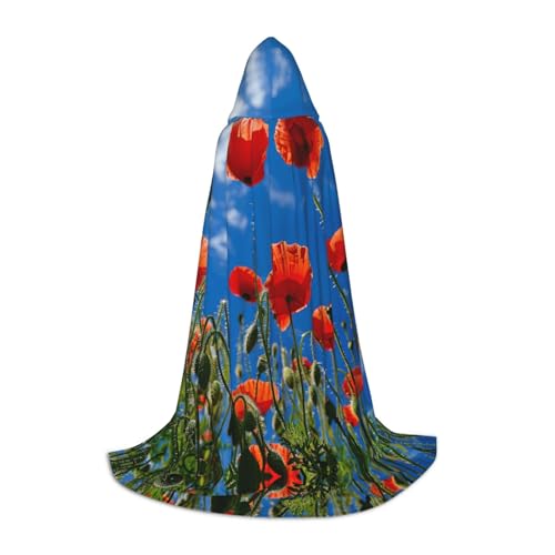 Fbghhty Umhang mit Mohnblumen auf blauem Himmel, Unisex, mit Kapuze, Halloween, Cosplay, Karneval, bequemer Umhang für Teenager-Partys von Fbghhty