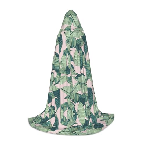 Fbghhty Umhang mit grüner Palme, Blätter, rosa Druck, Unisex, mit Kapuze, Halloween, Cosplay, Karneval, bequemer Umhang für Teenager-Partys von Fbghhty