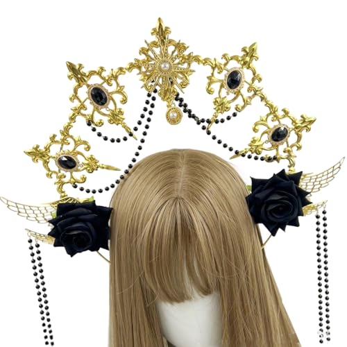 Fcnjsao Engel Heiligenschein Kronen Marys Göttinnen Stirnband Goldene Tiaras Lolitas Kronen Hochzeit Cosplay Halloween Kopfschmuck Kopfschmuck Halloween Kostüm Kopfschmuck Kopfschmuck von Fcnjsao
