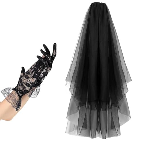 Fcnjsao Halloween-Set, schwarzer Spitzenschleier und Handschuhe, elegantes Tüll-Kostüm-Zubehör, Kopfschmuck für Damen, Maskerade, Party-Outfit Fcnjsao Halloween-Set, schwarzer Spitzenschleier und Handschuhe, elegantes Tüll-Kostüm-Zubehör, Kopfschmuck für Damen, Maskerade, Party-Outfit von Fcnjsao