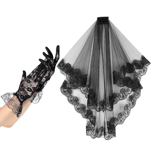 Fcnjsao Halloween-Set, schwarzer Spitzenschleier und Handschuhe, elegantes Tüll-Kostüm-Zubehör, Kopfschmuck für Damen, Maskerade, Party-Outfit Fcnjsao Halloween-Set, schwarzer Spitzenschleier und Handschuhe, elegantes Tüll-Kostüm-Zubehör, Kopfschmuck für Damen, Maskerade, Party-Outfit von Fcnjsao