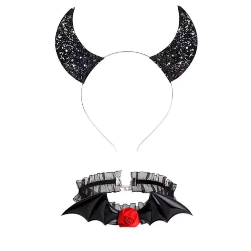 Fcnjsao Kopfbedeckung, Punk-Kopfschmuck, Fledermausflügel, Halloween-Haarreifen + Choker, Teufelsflügel, cooles Mädchen, Fledermausflügel, Themen-Zubehör Fcnjsao Kopfbedeckung, Punk-Kopfschmuck, Fledermausflügel, Halloween-Haarreifen + Choker, Teufelsflügel, cooles Mädchen, Fledermausflügel, Themen-Zubehör von Fcnjsao