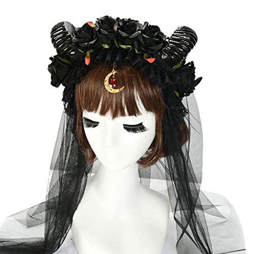 Fcnjsao Kopfbedeckung Halloween Stirnband Schafhorn Rose Mesh Schleier Mond Anhänger Haarreifen von Fcnjsao