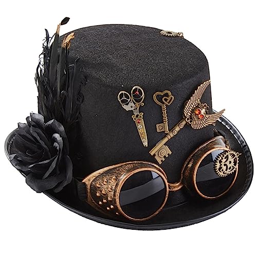 Fcnjsao Viktorianischer Brillenhut, Zylinderhut mit Federblume für Schlüssel, Schere, Steampunk-Hut, Halloween-Hut für Leistungskosten, Zylinder von Fcnjsao