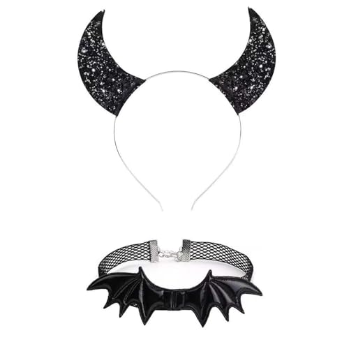 Gothic Dark Glitter Mädchen Choker Halsband Rose Teufelsflügel Stirnband Set Gothic Fledermaus Flügel Vielseitiges Choker Halloween Stirnbänder für Erwachsene von Fcnjsao