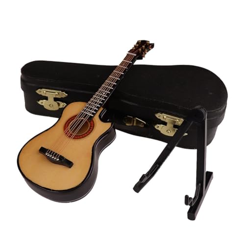 Fcuajdkq B-Miniaturgitarre aus Holz mit Ständer und Etui, Mini-Musikinstrument, Miniatur-Puppenhaus-Modell, Heimdekoration von Fcuajdkq