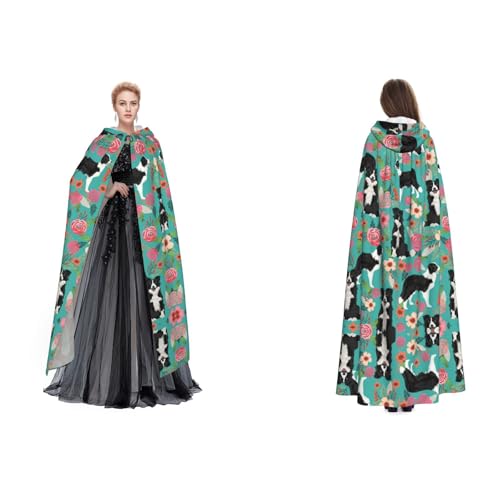 Fdfekgvplp Border Collie Kapuzenumhang mit Blumenmuster, Halloween, Mittelalter-Kostüm, Erwachsene, Cosplay, langer Umhang für Damen und Herren von Fdfekgvplp