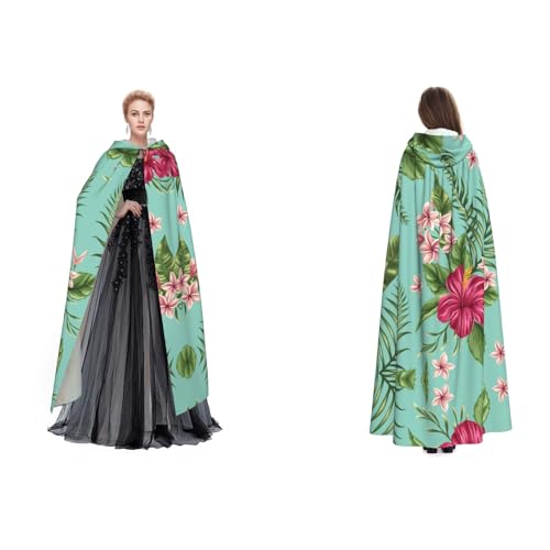 Fdfekgvplp Hawaiianischer Umhang mit tropischen Blättern und Blumen, bedruckt, mit Kapuze, Halloween, Mittelalter-Kostüm, Erwachsene, Cosplay, langer Umhang für Damen und Herren von Fdfekgvplp
