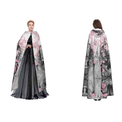 Fdfekgvplp Paris Street Tower Kapuzenumhang mit rosa Blumenmuster, Halloween, Mittelalter-Kostüm, Erwachsene, Cosplay, langer Umhang für Damen und Herren von Fdfekgvplp
