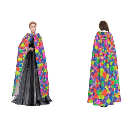 Fdfekgvplp Pickleball Ball-Umhang mit Kapuze, buntes Muster, bedruckt, Halloween, Mittelalter-Kostüm, Erwachsene, Cosplay, langer Umhang für Damen und Herren von Fdfekgvplp