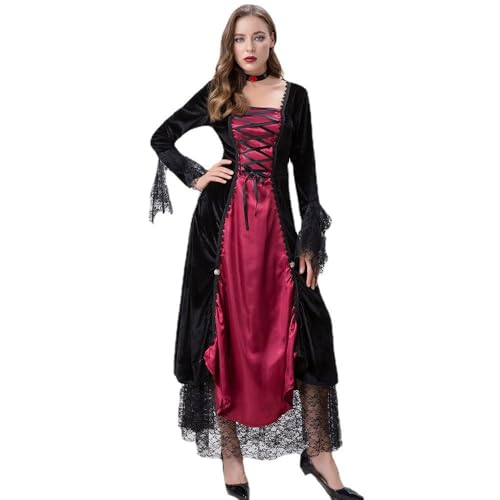 FeMereina Hexenkleid für Damen, Halloween, mittelalterliches Vampir-Kostüm, Fledermausärmel, Totenkopf, Spitze, Korsett, Gothic, Zauberin, Kleider (Rot, XL) von FeMereina