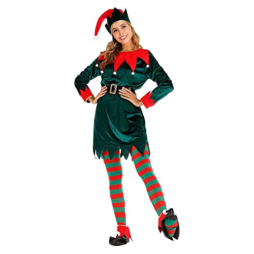 FeMereina Unisex Herren Elfenkostüm Erwachsene Deluxe Santa Cosplay Anzug Weihnachten Kostüm Elf Santa Helper Kostüm Grün Cosplay Party für Frauen, Damen-Stil 2, X-Large von FeMereina