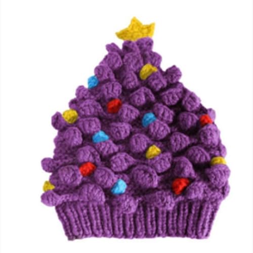 FeMereina Weihnachtliche Wintermütze, Weihnachtsbaum, gestrickt, gehäkelt, mit Stern, Urlaubskostüm, Kappe für Erwachsene, Damen, Herren und Kinder (Violett, Kind, Einheitsgröße) von FeMereina