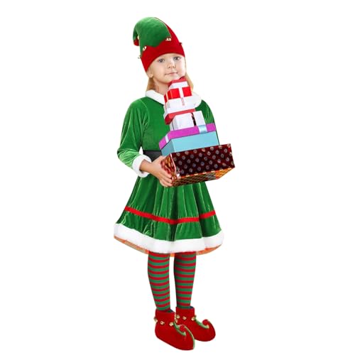 FeMereina Weihnachtselfenkostüm-Set für Damen, Kinder, Erwachsene, Elfenkostüm, Samtkleid, Weihnachtsmann-Helfer-Kostüm, Weihnachtsoutfit mit Gürtel (Kinder, 3–4 Jahre) von FeMereina