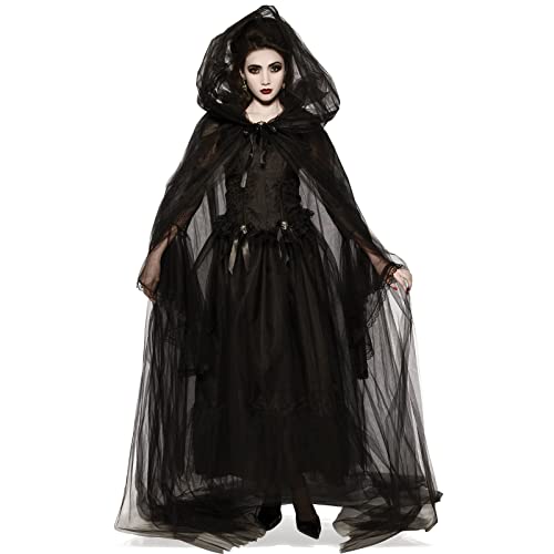 Frauenkostüm für Halloween, Erwachsene, Zombie, Geisterbraut mit hohem Halsausschnitt, Tüll, Patchwork, unregelmäßiger Saum, Cosplay-Kleid mit Kragenabzeichen, Black Witch B, 46 von FeMereina